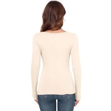 Women's Crew Neck Tops Long Sleeve Slim Fitted T Shirt Thermal Shirts Basic Tight Tee Beige Large