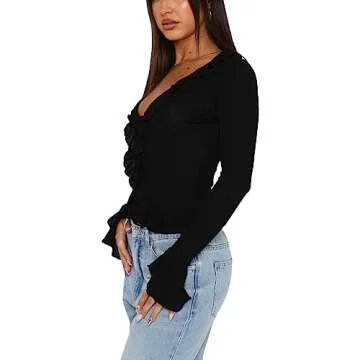 Women Sexy Trendy Crop Top Long Sleeve Turn Down Collar Shirt Skinny Lapel V Neck Y2k Cropped Tee Tops Streetwear(D Black Ruffles,S)