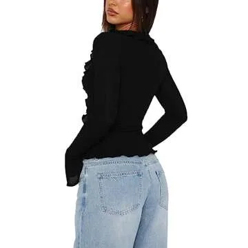 Women Sexy Trendy Crop Top Long Sleeve Turn Down Collar Shirt Skinny Lapel V Neck Y2k Cropped Tee Tops Streetwear(D Black Ruffles,S)