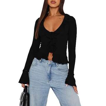 Women Sexy Trendy Crop Top Long Sleeve Turn Down Collar Shirt Skinny Lapel V Neck Y2k Cropped Tee Tops Streetwear(D Black Ruffles,S)