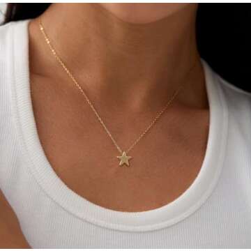 Valloey Rover Gold Star Necklace,Dainty 14K Gold Plated Sterling Silver Round Dot Tiny Heart Little Star CZ Choker Necklace Jewelry Gift for Women(NCK-Gold-star)