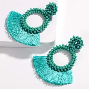 Dvacaman Hoop Tassel Earrings for Women - Statement Handmade Beaded Fringe Dangle Earrings, Idea Gift for Mom, Sister and Friend (Green)