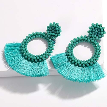 Dvacaman Hoop Tassel Earrings for Women - Statement Handmade Beaded Fringe Dangle Earrings, Idea Gift for Mom, Sister and Friend (Green)