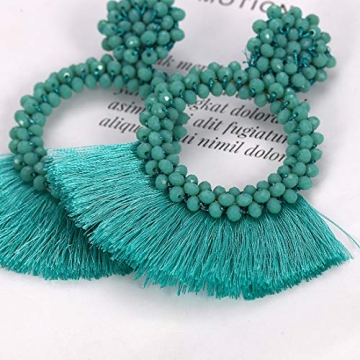 Dvacaman Hoop Tassel Earrings for Women - Statement Handmade Beaded Fringe Dangle Earrings, Idea Gift for Mom, Sister and Friend (Green)