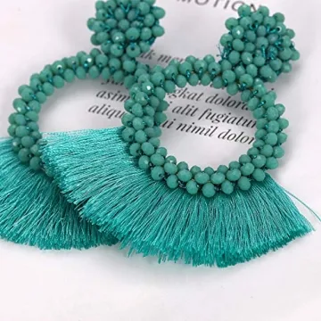 Dvacaman Hoop Tassel Earrings for Women - Statement Handmade Beaded Fringe Dangle Earrings, Idea Gift for Mom, Sister and Friend (Green)