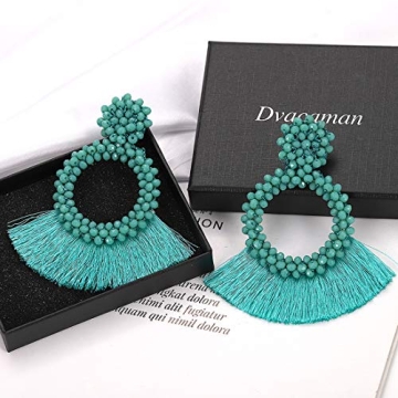Dvacaman Hoop Tassel Earrings for Women - Statement Handmade Beaded Fringe Dangle Earrings, Idea Gift for Mom, Sister and Friend (Green)