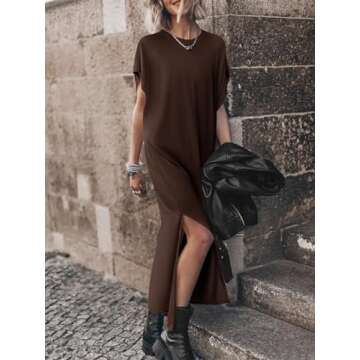 Sun Dresses for Women Casual Round Neck Long Dress Summer Fashion Split Maxi Summer Beach Dress