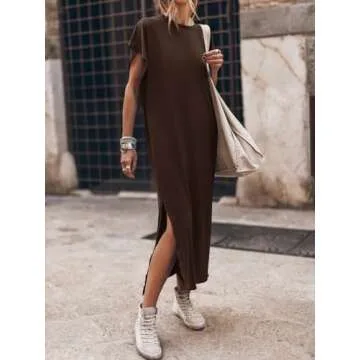 Sun Dresses for Women Casual Round Neck Long Dress Summer Fashion Split Maxi Summer Beach Dress