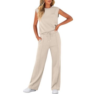 ANRABESS Women's Summer 2 Piece Outfits Casual Sleeveless Sweatsuits Matching Wide Leg Tracksuits Lo...