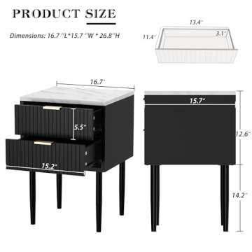 Anbuy Black Marble Nightstands Set with Gold Handles