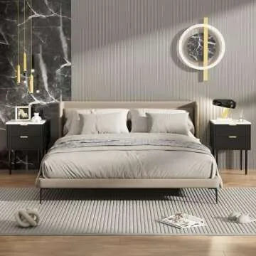 Anbuy Black Marble Nightstands Set with Gold Handles