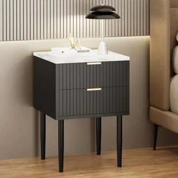 Anbuy Black Marble Nightstands Set with Gold Handles