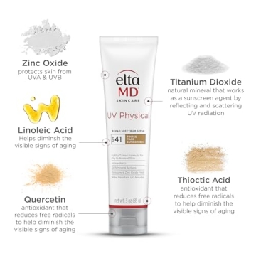 EltaMD UV Physical Tinted Mineral Sunscreen for Face - SPF 41 Tinted Sunscreen for Face, 100% Mineral, 3.0 oz Tube