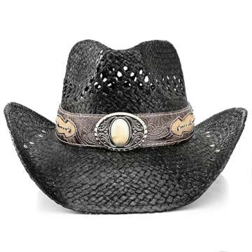 Men's Western Cowboy Hat Classic Style Straw Sun hat,Women's Cowgirl Hat Unique Faux Leather Rivet Decoration (US, Alpha, One Size, X-Large, Black-A)