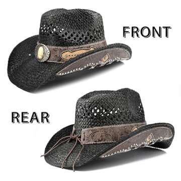 Men's Western Cowboy Hat Classic Style Straw Sun hat,Women's Cowgirl Hat Unique Faux Leather Rivet Decoration (US, Alpha, One Size, X-Large, Black-A)