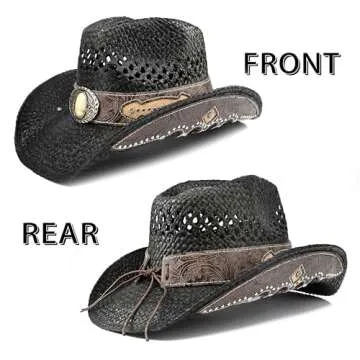 Men's Western Cowboy Hat Classic Style Straw Sun hat,Women's Cowgirl Hat Unique Faux Leather Rivet Decoration (US, Alpha, One Size, X-Large, Black-A)