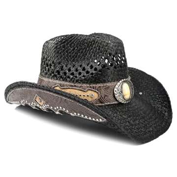Men's Western Cowboy Hat Classic Style Straw Sun hat,Women's Cowgirl Hat Unique Faux Leather Rivet Decoration (US, Alpha, One Size, X-Large, Black-A)