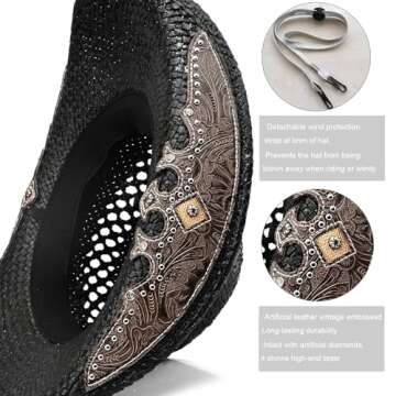 Men's Western Cowboy Hat Classic Style Straw Sun hat,Women's Cowgirl Hat Unique Faux Leather Rivet Decoration (US, Alpha, One Size, X-Large, Black-A)