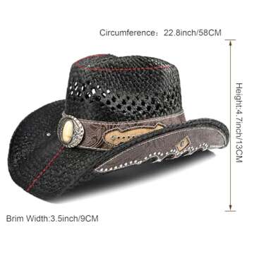 Men's Western Cowboy Hat Classic Style Straw Sun hat,Women's Cowgirl Hat Unique Faux Leather Rivet Decoration (US, Alpha, One Size, X-Large, Black-A)