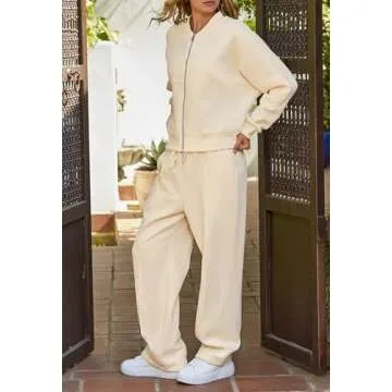 MEROKEETY Women's Fall 2 Piece Sweatsuits Set Long Sleeve Zip Up Sweatshirt Wide Leg Sweatpants Lounge Sets