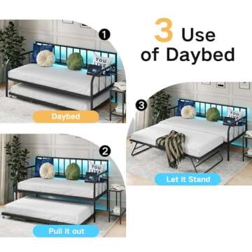 CollaredEagle Daybed with Trundle, Adjustable Sofa Bed Frame with LED Lights, Metal Twin Daybed with Charging Station for Living Room, Bedroom and Guest Room, Black