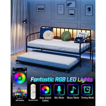 CollaredEagle Daybed with Trundle, Adjustable Sofa Bed Frame with LED Lights, Metal Twin Daybed with Charging Station for Living Room, Bedroom and Guest Room, Black