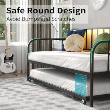 CollaredEagle Daybed with Trundle, Adjustable Sofa Bed Frame with LED Lights, Metal Twin Daybed with Charging Station for Living Room, Bedroom and Guest Room, Black