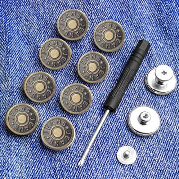 8 Sets Replacement Jean Buttons,No Sew Removable Metal Button for Jeans,17mm Button Repair Kit with Screwdriver in Plastic Storage Box.Fit for Any Cowboy Clothing,Jackets,Pants