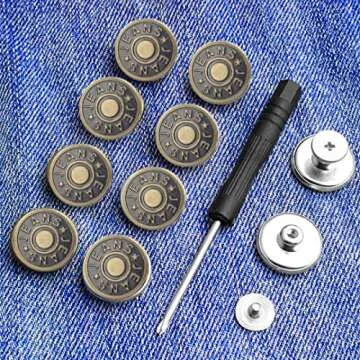 8 Sets Replacement Jean Buttons,No Sew Removable Metal Button for Jeans,17mm Button Repair Kit with Screwdriver in Plastic Storage Box.Fit for Any Cowboy Clothing,Jackets,Pants