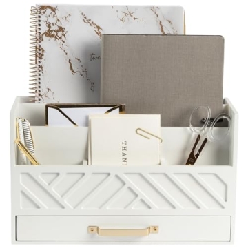 White Wooden Desk Organizer with Gold Handle