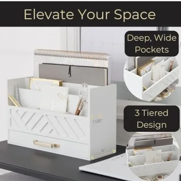White Wooden Desk Organizer with Gold Handle