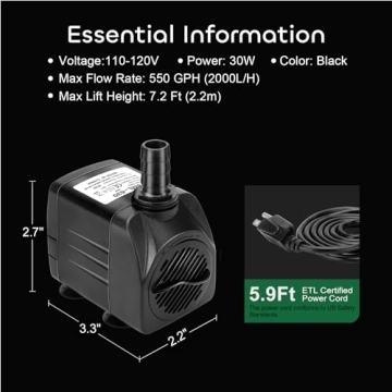 GROWNEER 550GPH Ultra Quiet Submersible Pump for All