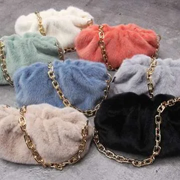 Women cloud-shape dumpling bags | Faux Fur and Fuzzy clutch purses | zinc alloy Shoulder Strap Evening Handbags