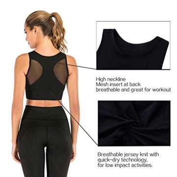FOCUSSEXY Women High Neck Sports Bra Full Coverage Yoga Sports Bra Crop Tank Tops Gym Dancing Jogging Workout Black