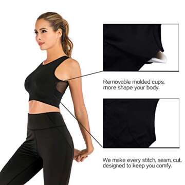 FOCUSSEXY Women High Neck Sports Bra Full Coverage Yoga Sports Bra Crop Tank Tops Gym Dancing Jogging Workout Black
