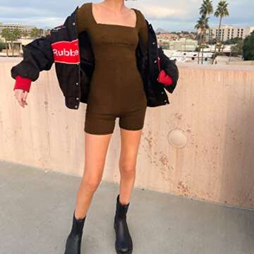 Picaurshe Women's Short Sleeve Bodycon Romper Long Sleeve Yoga Ribbed Square Neck Short Sport Jumpsuit