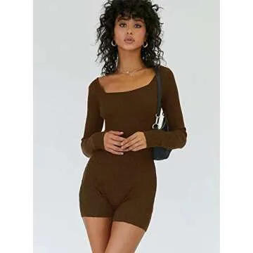 Picaurshe Women's Short Sleeve Bodycon Romper Long Sleeve Yoga Ribbed Square Neck Short Sport Jumpsuit