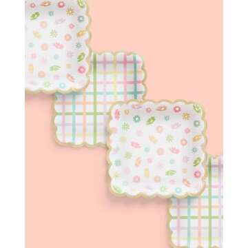 xo, Fetti Flower + Plaid Paper Plates - 24 pk, Square Flower Tea Party | Partea Kids Birthday Party Supplies, Tea Kettle, Pastel Garden Baby Shower Decorations, Easter, Mother's Day