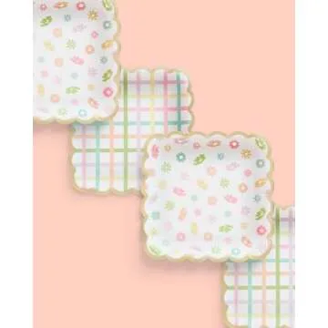 xo, Fetti Flower + Plaid Paper Plates - 24 pk, Square Flower Tea Party | Partea Kids Birthday Party Supplies, Tea Kettle, Pastel Garden Baby Shower Decorations, Easter, Mother's Day