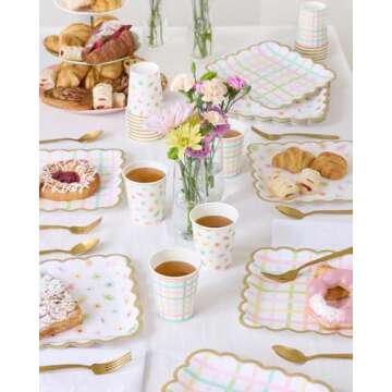 xo, Fetti Flower + Plaid Paper Plates - 24 pk, Square Flower Tea Party | Partea Kids Birthday Party Supplies, Tea Kettle, Pastel Garden Baby Shower Decorations, Easter, Mother's Day