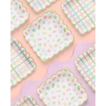xo, Fetti Flower + Plaid Paper Plates - 24 pk, Square Flower Tea Party | Partea Kids Birthday Party Supplies, Tea Kettle, Pastel Garden Baby Shower Decorations, Easter, Mother's Day