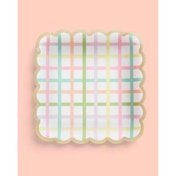 xo, Fetti Flower + Plaid Paper Plates - 24 pk, Square Flower Tea Party | Partea Kids Birthday Party Supplies, Tea Kettle, Pastel Garden Baby Shower Decorations, Easter, Mother's Day