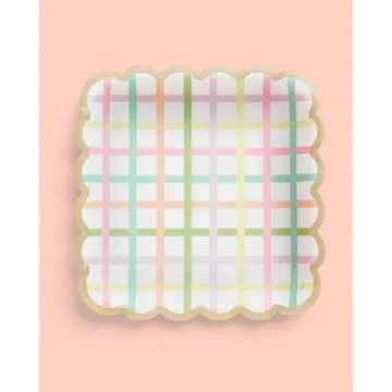 xo, Fetti Flower + Plaid Paper Plates - 24 pk, Square Flower Tea Party | Partea Kids Birthday Party Supplies, Tea Kettle, Pastel Garden Baby Shower Decorations, Easter, Mother's Day
