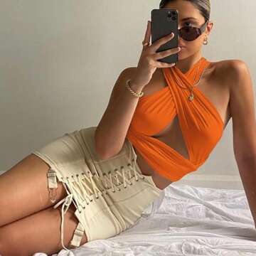 ZAFUL Women's Ribbed Halter Crop Top Criss Cross Ruched Lace-up Cami Bandana Top Cropped Tank Top