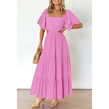 LEANI Womens Summer Short Sleeve Maxi Dress Sexy Cutout Waist Flowy Tiered Long Wedding Party Dresses Pink