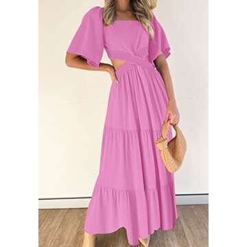 LEANI Womens Summer Short Sleeve Maxi Dress Sexy Cutout Waist Flowy Tiered Long Wedding Party Dresses Pink
