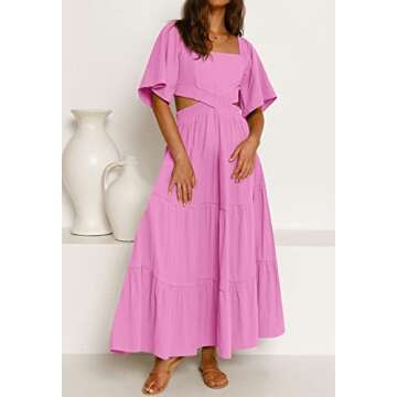 LEANI Womens Summer Short Sleeve Maxi Dress Sexy Cutout Waist Flowy Tiered Long Wedding Party Dresses Pink