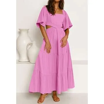 LEANI Womens Summer Short Sleeve Maxi Dress Sexy Cutout Waist Flowy Tiered Long Wedding Party Dresses Pink