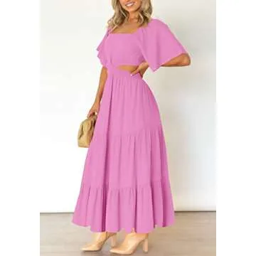 LEANI Womens Summer Short Sleeve Maxi Dress Sexy Cutout Waist Flowy Tiered Long Wedding Party Dresses Pink