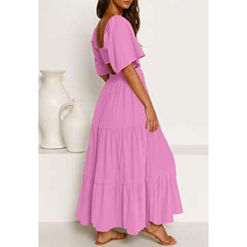 LEANI Womens Summer Short Sleeve Maxi Dress Sexy Cutout Waist Flowy Tiered Long Wedding Party Dresses Pink